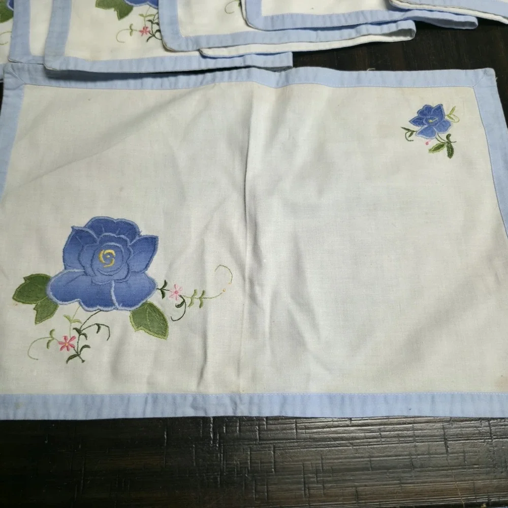 MCM Hand Embroidered Blue Rose Placemats Cotton Linen Table Linens Set of 7